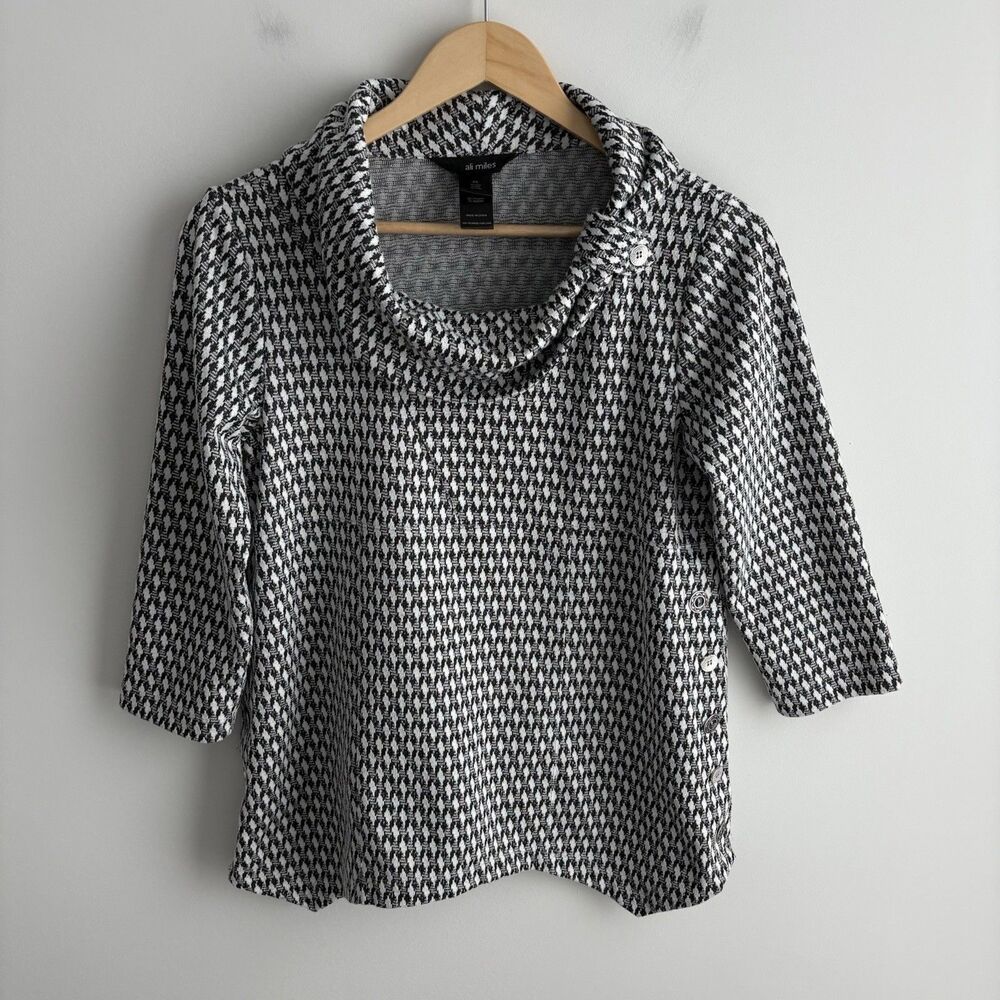 Ali Miles Petite Small Tunic Sweater 3/4 Sleeve Boho Lagenlook Geometric Buttons